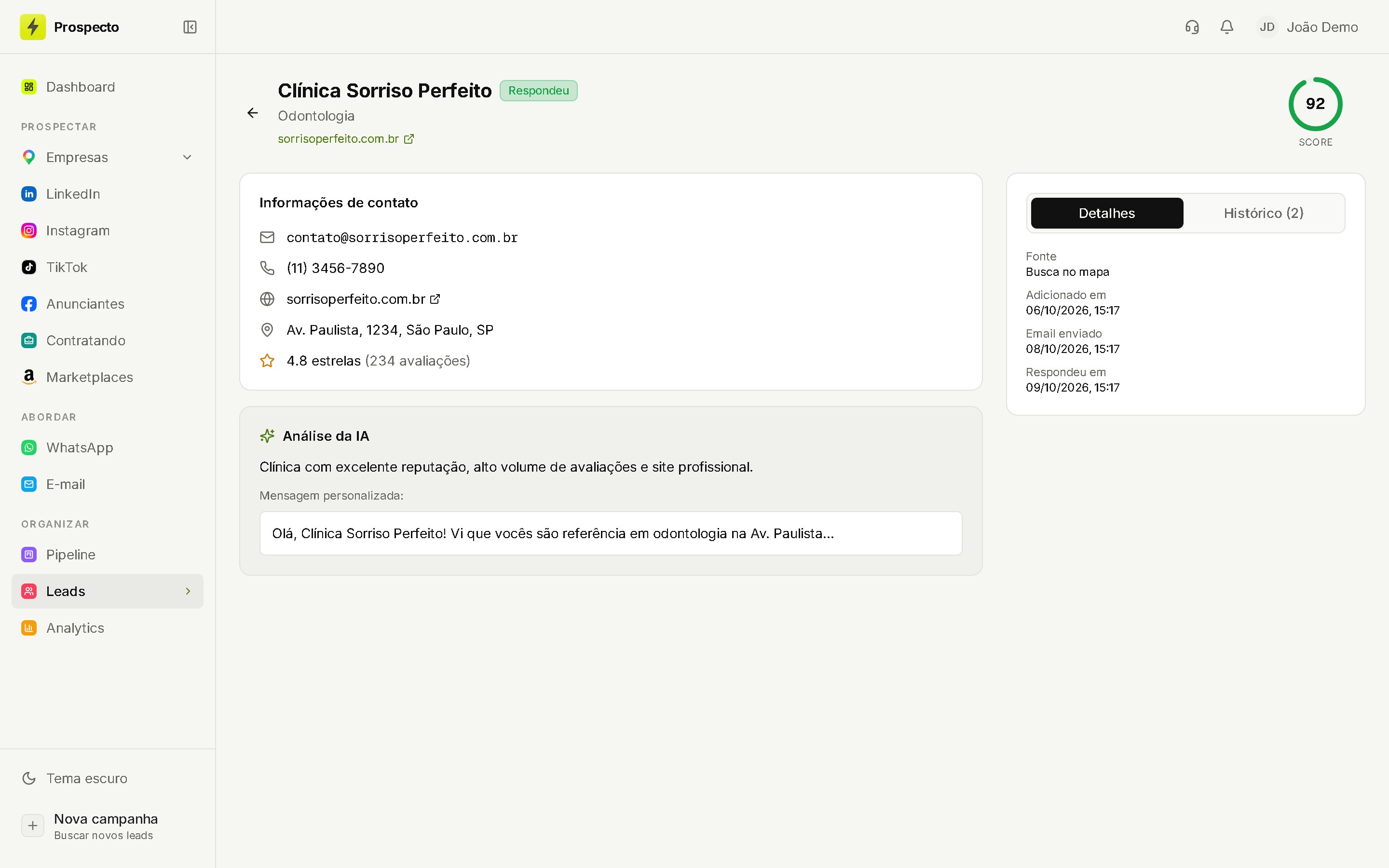 Ficha de um lead no Prospecto com contato, avaliações, score 92 e análise da IA