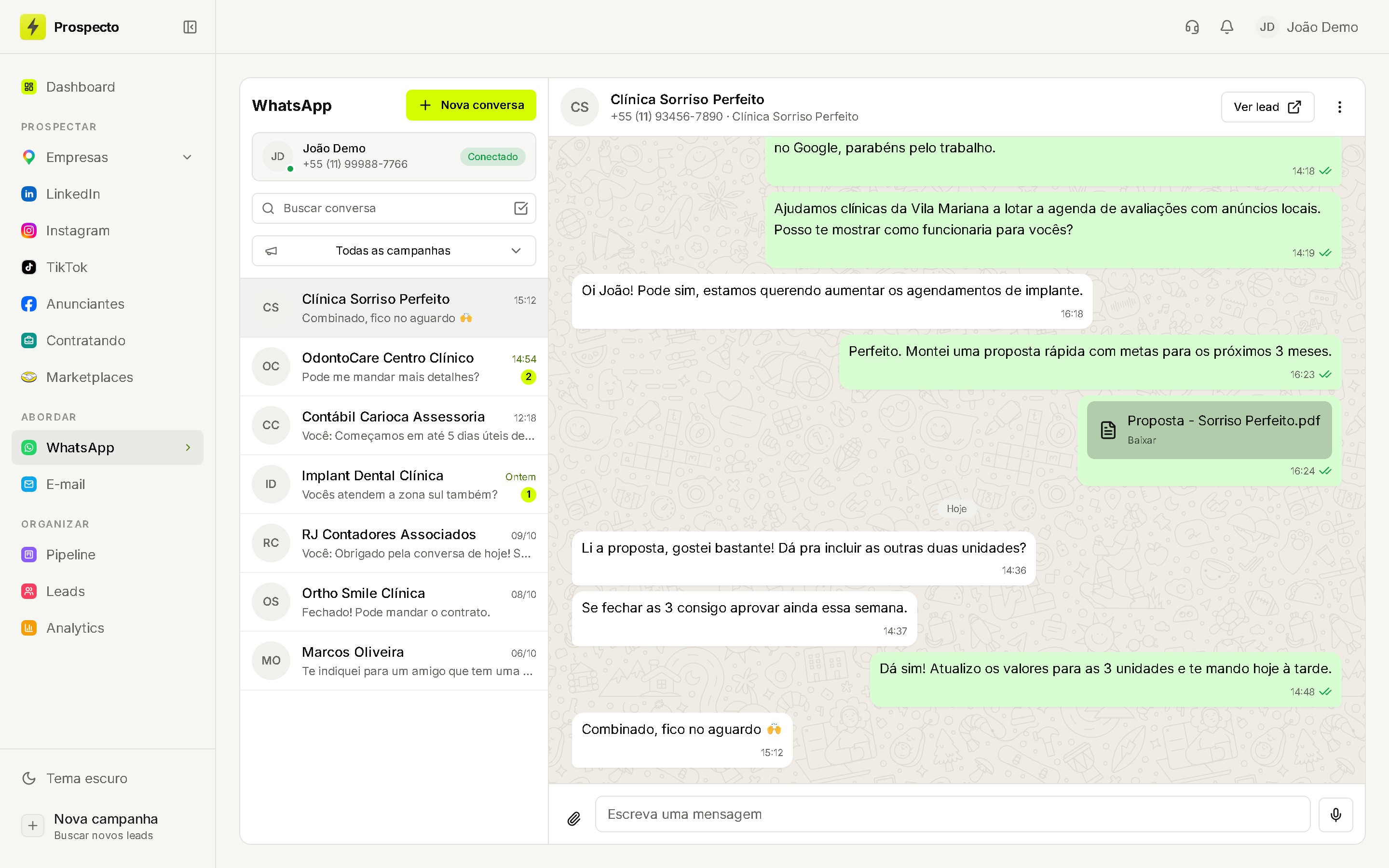 Conversa de WhatsApp dentro do Prospecto com um lead que pediu proposta